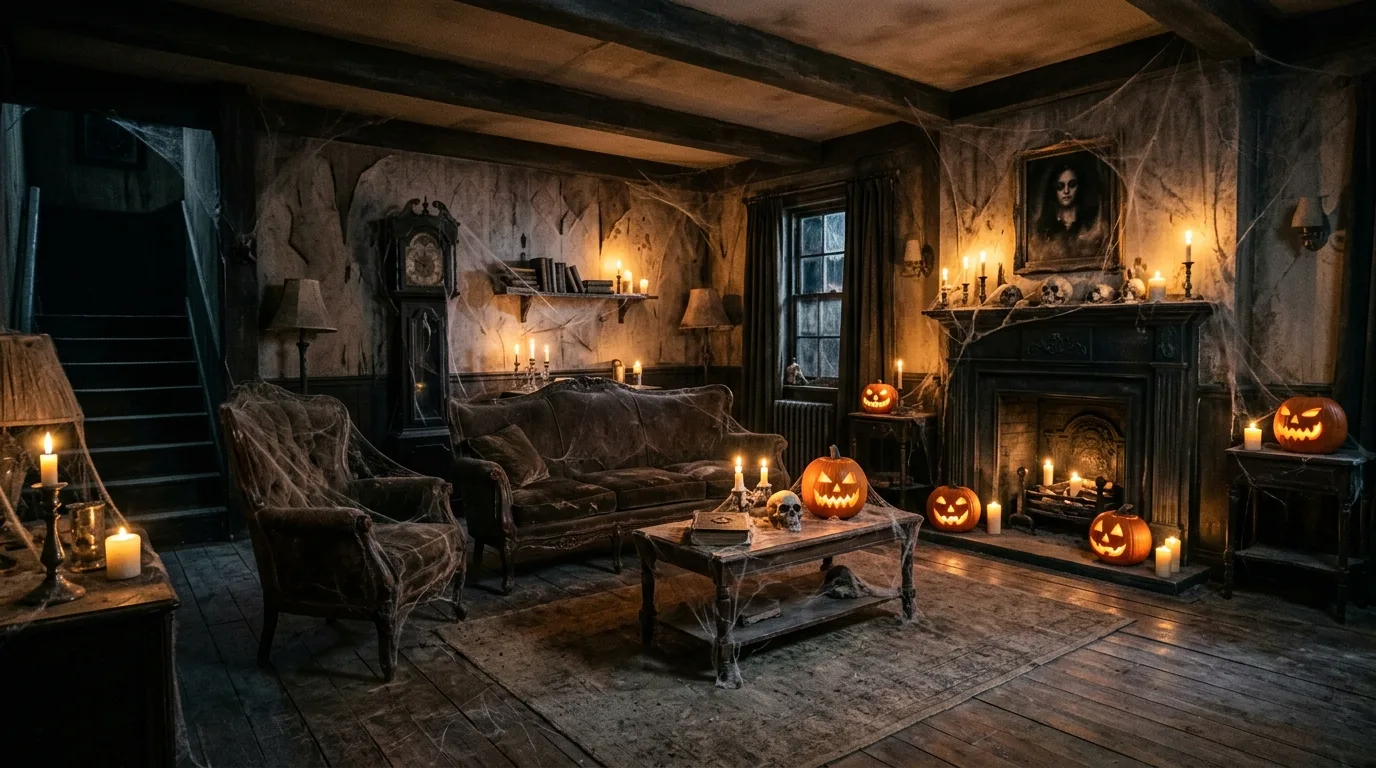 Spooky indoor Halloween decorations styled for a haunted home vibe.